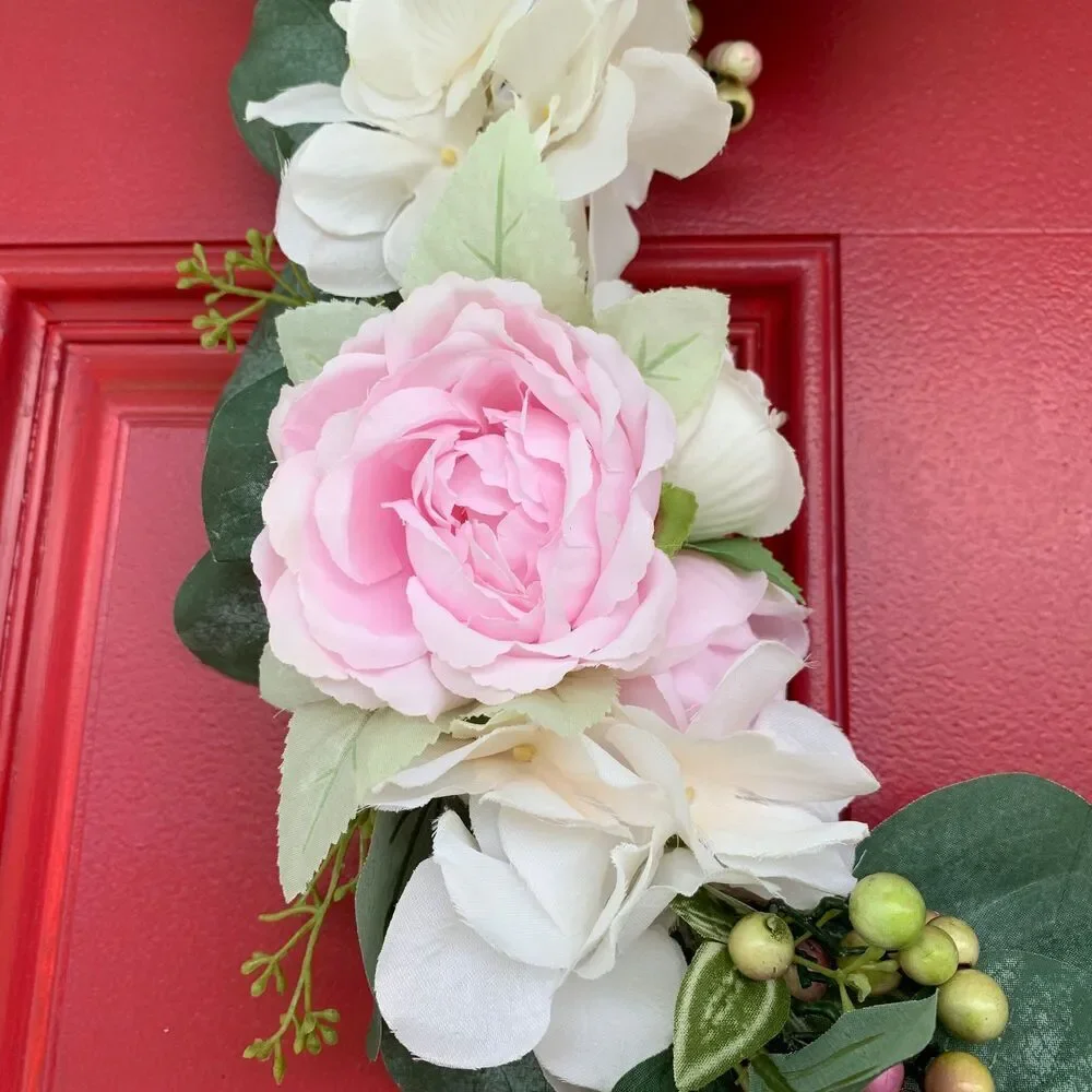 Floral Hoop Wreath: Pink Roses, Eucalyptus, Wood Beads - Boho Farmhouse Decor